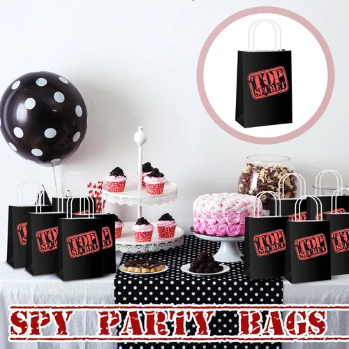 Miniatura 4 de Lincia 20 bolsas de regalo de espías Top Secret para fiesta, agente secreto misterioso, bolsas de papel kraft con asas, temática de espía