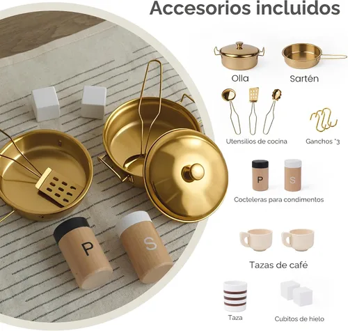 Miniatura 6 de Cocina de madera de juguete para niños – Juego de cocina de simulación con estufa realista, fregadero, cafetera, máquina de hielo, cocina de juguete