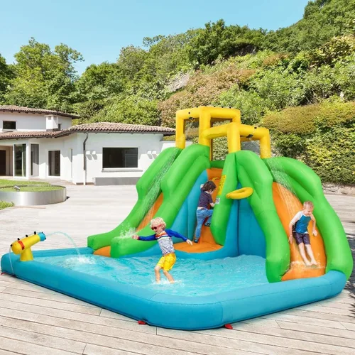 Miniatura 2 de OLAKIDS Tobogán acuático inflable, casa de rebote 6 en 1 con 2 toboganes, pared de escalada, piscina de salpicaduras, borde de baloncesto, pistola