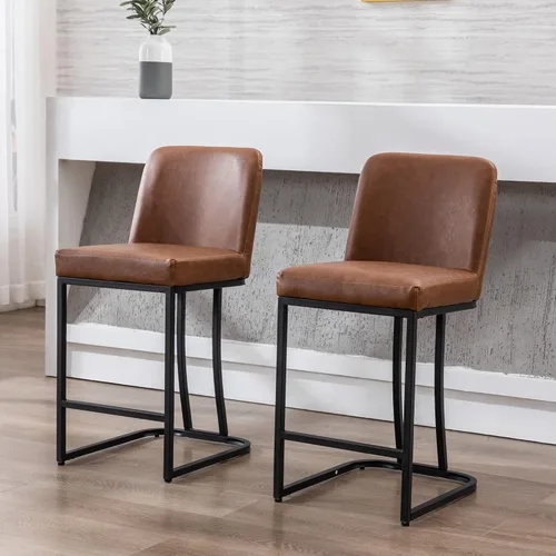Miniatura 6 de BESTANO Juego de 2 taburetes de bar modernos de piel sintética con patas negras, taburetes de bar de 24 pulgadas, sillas de bar tapizadas