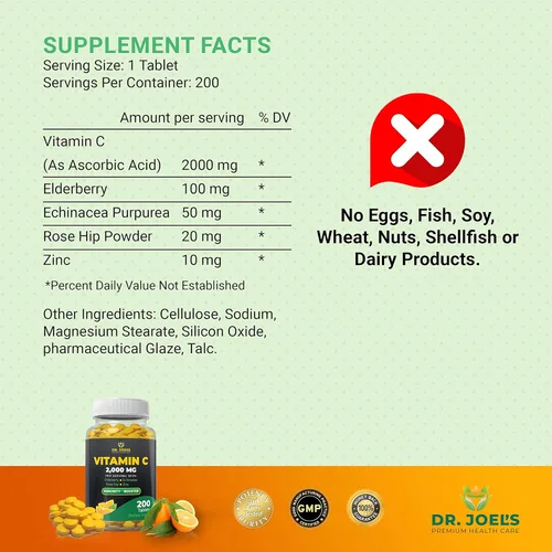 Miniatura 2 de Dr. JOEL'S Vitamina C de apoyo inmunológico 2000 mg - 200 tabletas - con zinc, saúco, rosa mosqueta, equinácea - Impulsa el sistema inmunológico