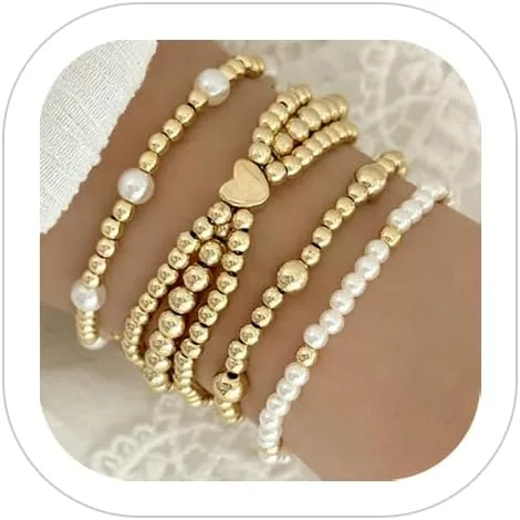 Miniatura 11 de Pulseras de perlas para mujer, pulsera de perlas de imitación con cuentas de perlas blancas, juego de pulseras elásticas apilables, pulseras