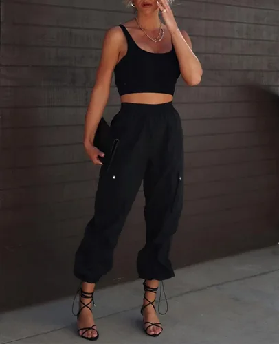Miniatura 3 de Pantalones de paracaídas para mujer, cintura alta elástica, pantalones cargo Y2K holgados con 4 bolsillos