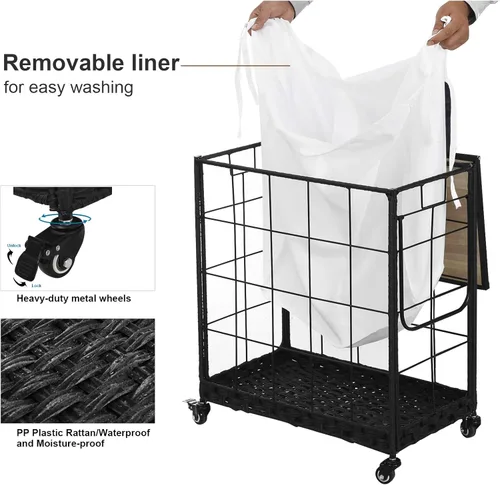 Miniatura 6 de Cesta de lavandería duradera con bolsa interior extraíble, ruedas resistentes, tapa de madera y asa de metal - Clasificador de ropa y canasta