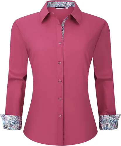 Miniatura 11 de WARHORSEE Blusas de vestir de manga larga con botones de algodón para mujer, blusas de trabajo elegantes de fácil cuidado, blusas casuales