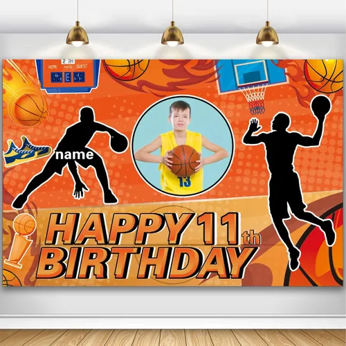 Miniatura 18 de Cartel personalizado de decoración de fiesta de cumpleaños de medio año, tema de baloncesto personalizado, fondo de deportes de baloncesto de feliz