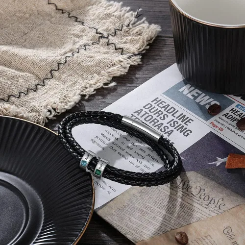 Miniatura 4 de Pulsera personalizada para el Día del Padre para hombre, pulseras personalizadas de cuero trenzado negro con cuentas grabadas de 1 a 8 nombres