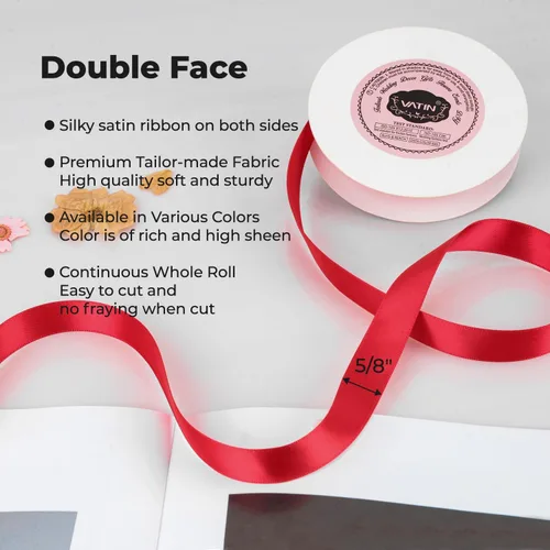 Miniatura 2 de VATIN Cinta de Satén Rojo Intenso de Doble Cara 5/8" Continua 25 Yardas, Cinta de Tela de Poliéster Roja para Lazos, Ramos, Envoltura de Regalos