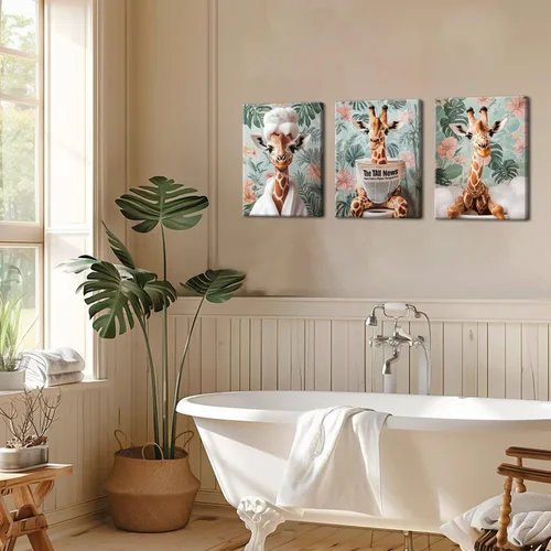 Miniatura 5 de Conjunto de 3 divertidos cuadros de animales para baño, lindas pinturas de jirafa leyendo el periódico, arte en lienzo de batas botánicas eclécticas