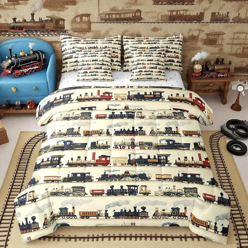Miniatura 14 de Feelyou Juego de edredón de tren vintage de 7 piezas, diseño retro de motor de vapor para niños y niñas, juego de ropa de cama retro de tren