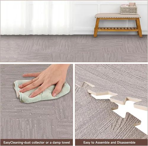 Miniatura 3 de Azulejos de espuma estampada de 0.4 pulgadas de grosor, 24 x 24 pulgadas, 25 piezas, suelo protector estilo grano de madera, para el hogar