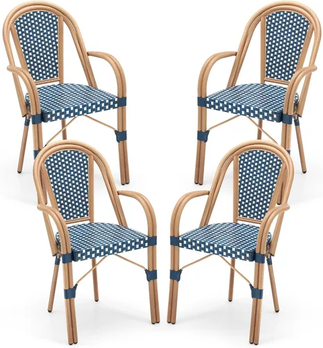 Miniatura 14 de Tangkula Juego de 2 sillas de bistró francesas para exteriores, sillas de mimbre de polietileno tejidas a mano con reposabrazos, sillones de comedor