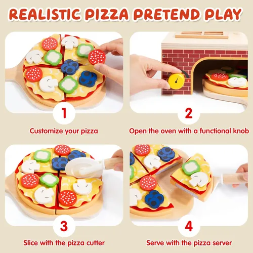 Miniatura 5 de Juguete de Pizza de Madera - Montessori Comida de Juego de Simulación para Edades 3+, Juguete Educativo de Aprendizaje Conjunto de Juego de Madera