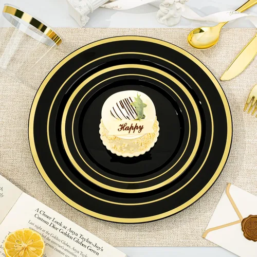 Miniatura 3 de BESTVIP Juego de vajilla de 300 piezas de oro negro para 50 invitados, platos de plástico para fiesta de Halloween y Navidad, 50 platos desechables