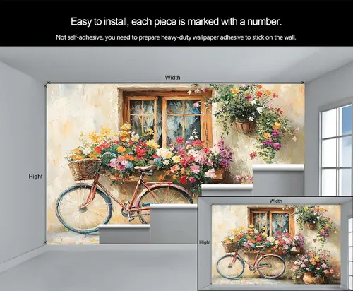 Miniatura 5 de Papel tapiz 3D de bicicleta rosa vintage, murales de flores de paisaje de primavera para sala de estar, pintura al óleo, papel tapiz rústico
