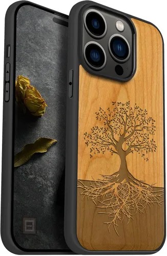 Miniatura 12 de Carveit Funda magnética de madera para iPhone 14 Pro, madera natural y TPU suave negro, funda protectora a prueba de golpes, funda de madera única
