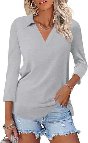 Miniatura 8 de TICTICMISS - Camisas polo de cuello en V para mujer, manga 3/4, con cuello, tops casuales de negocios, tops de verano a la moda, holgados