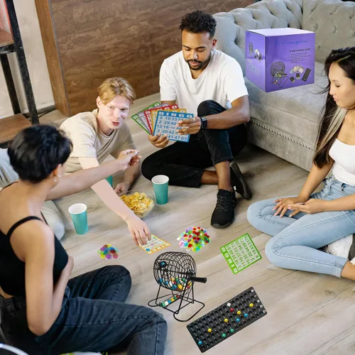 Miniatura 8 de SEETOOOGAMES Juego de bingo de lujo, jaula de metal de 8 pulgadas, 50 tarjetas de papel, 300 fichas transparentes coloridas, bolas de bingo