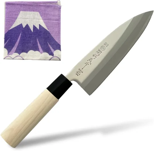 Miniatura 9 de KAKUSEE Seki Tsubazo - Cuchillo Deba pequeño de 3.9 pulgadas y juego de tela de pintura japonesa, cuchillo de chef japonés para pescado y carne