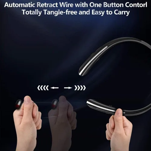 Miniatura 5 de Auriculares Bluetooth retráctiles con banda para el cuello, auriculares inalámbricos de ajuste cómodo de 20 horas con carrete automático, Negro