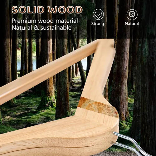 Miniatura 3 de Edergoo Paquete de 20 perchas de madera duraderas con gancho giratorio de 360° y muescas, percha delgada de madera para armario, color natural