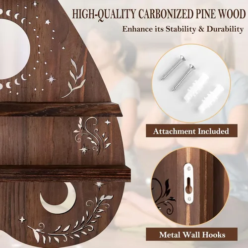 Miniatura 4 de Estante de pared de cristal ANROYE para piedra, arte de soporte de cristal pagano vintage con luz, almacenamiento de gemas de madera wiccana