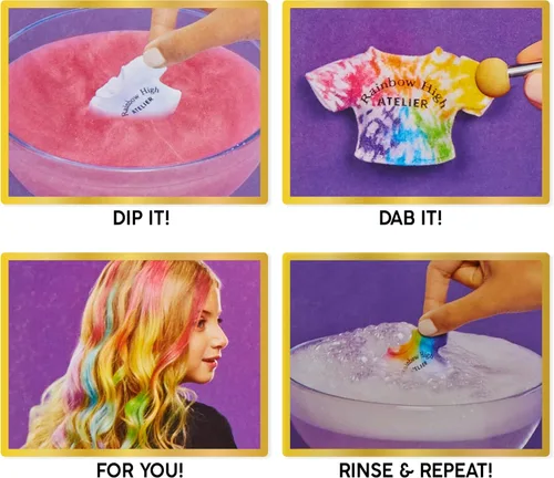 Miniatura 5 de Rainbow High Muñeca de moda DIY para crear con acuarelas y crear con kit de tie-dye lavable, ojos verdes, cabello largo y liso, top y zapatos