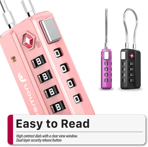 Miniatura 8 de Fosmon Cerraduras de equipaje aprobadas por la TSA para equipaje y maleta, mini cerraduras de cable largo con 4 combinaciones e interruptor de fácil