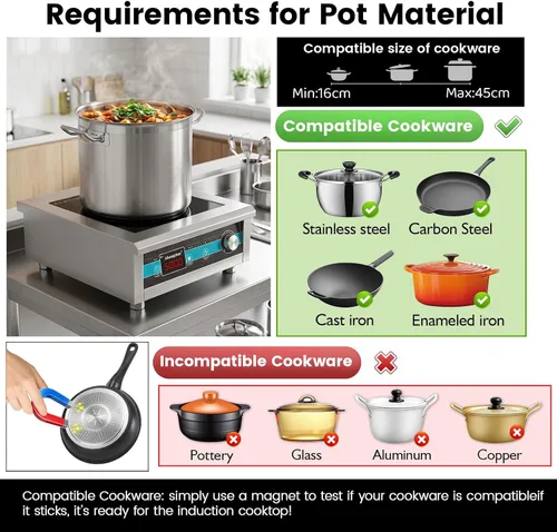 Miniatura 8 de Quemador de inducción comercial de 3500 W, encimera de 208-240 V 9.25-inch copper coil, non-pulse low-heat control, 18H timer for induction hot