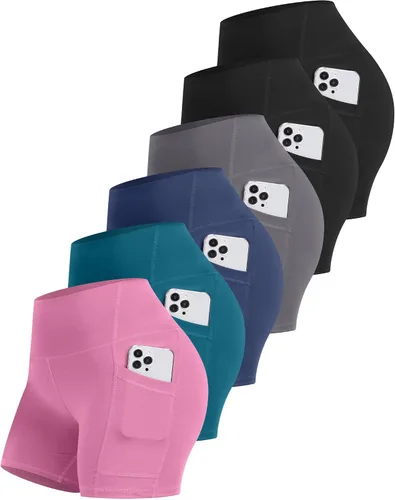 Miniatura 11 de CHRLEISURE - 6 paquetes de pantalones cortos de mujer estilo biker con bolsillo, pantalones cortos de elastano de control de abdomen de 5 pulgadas