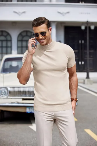 Miniatura 2 de COOFANDY Suéter de cuello alto falso para hombre, de manga corta, color sólido, básico, ajustado, de punto