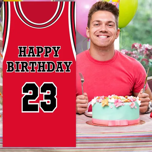 Miniatura 6 de Fondo de pancarta de feliz cumpleaños 23, fondo rojo de baloncesto estrella jugador de deportes decoración para hombre niño primer cumpleaños fiesta
