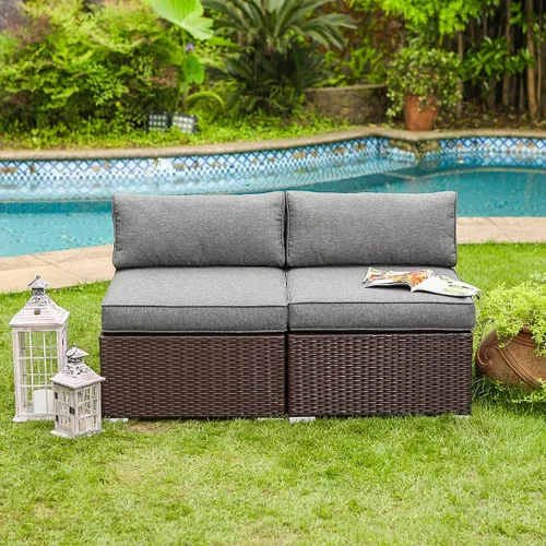 Miniatura 3 de COSIEST Juego de 2 sillas complementarias sin brazos para muebles de exterior para expandir sofá seccional de mimbre marrón chocolate con cojines