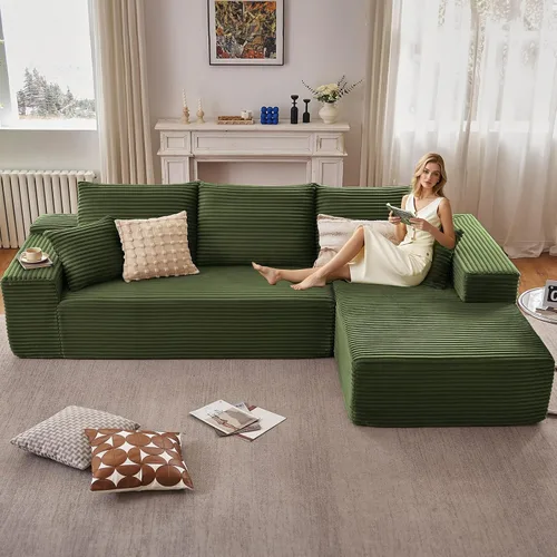 Miniatura 26 de Sofá seccional modular de 96", sofá en forma de L tipo nube sin estructura con chaise lounge, tapizado de pana con asiento profundo de espuma Negro