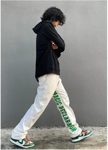 Miniatura 3 de MEOKIM Pantalones de mezclilla bordados con letras góticas, estilo callejero Harajuku, sueltos, hip-hop, recto, tubo para hombre