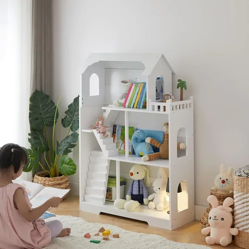 Miniatura 9 de Estantería de Casa de Muñecas de Madera - Estantería de Casa de Muñecas para Niños Pequeños, Espacio Extra para Almacenamiento de Juguetes y Libros