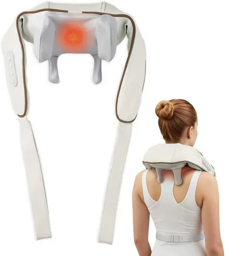 Masajeador inalámbrico de cuello y hombros con calor, masajeador de tejido profundo Shiatsu 4D, compresa cálida de 107.6 °F, masajeador de espalda