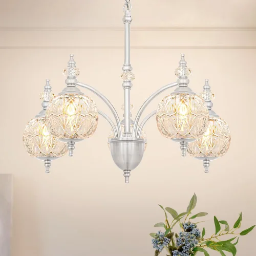 Miniatura 10 de Candelabro vintage de latón – Lámpara de comedor de altura ajustable con vidrio soplado hecho a mano – Base E26 de 5 luces, ideal para cocina