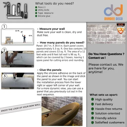 Miniatura 8 de Dundee Deco Paneles de pared 3D de ladrillo sintético, revestimiento, paneles de pared con aspecto de piedra blanca y gris, revestimiento de espuma