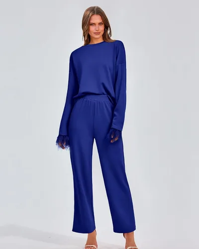 Miniatura 2 de BTFBM Women Two Piece Outfits 2023 Feather Trim Loose Long Sleeve Pullover Leg Pants Casual Sweatsuit Tracksuits Sets