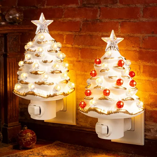 Miniatura 10 de Luz nocturna de cerámica para árbol de Navidad, paquete de 2 luces nocturnas de Navidad con enchufe de 6.3 pulgadas, árboles de Navidad de cerámica