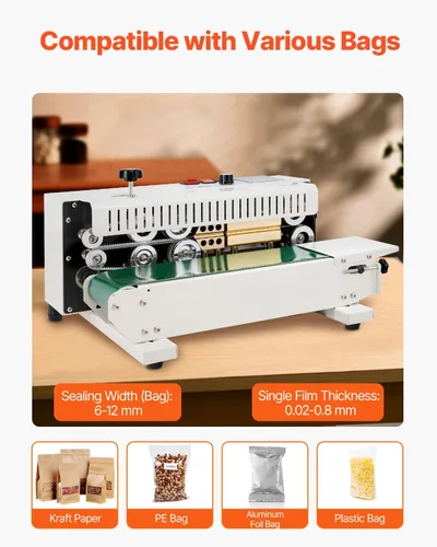 Miniatura 3 de Máquina selladora de banda continua para bolsas VEVOR, ancho de sello de 0.24-0.47 pulg/6-12 mm, máquina selladora de banda horizontal con control