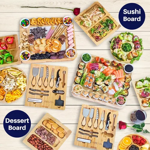 Miniatura 6 de Juego de tablas de charcutería – Tabla grande de queso de bambú y plato con accesorios de charcutería, regalos de inauguración de la casa