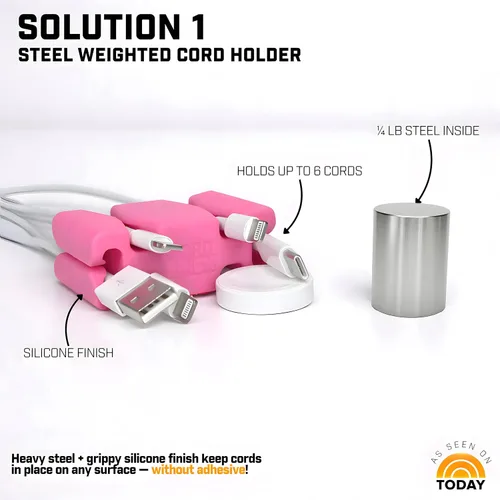 Miniatura 2 de CordBrick Soporte de cable ponderado de silicona y acero para mesita de noche. Organizador de cargador de teléfono de viaje. Accesorio útil
