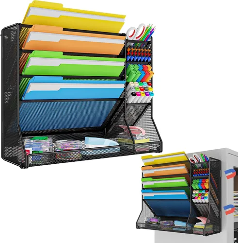 Miniatura 10 de Jakyitvi Organizador de archivos montado en la pared, organizador de escritorio de metal ajustable y duradero de 4 niveles, soporte para archivos