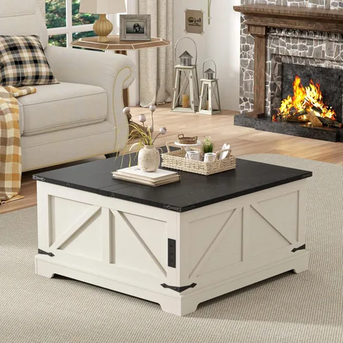 Mesa de café con almacenamiento, mesa rústica de elevación con centro cuadrado de madera estilo granja con estación de carga, mesas de cóctel