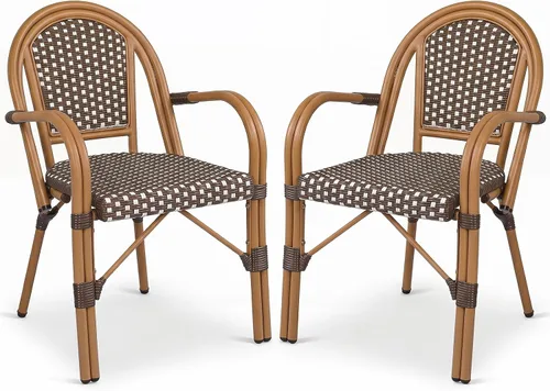 Miniatura 17 de Tangkula Juego de 2 sillas de bistró francesas para exteriores, sillas de mimbre de polietileno tejidas a mano con reposabrazos, sillones de comedor