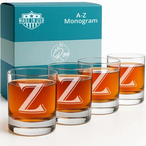 Miniatura 28 de On The Rox Drinks Juego de 4 vasos de vidrio grabados con monograma B, 11 onzas