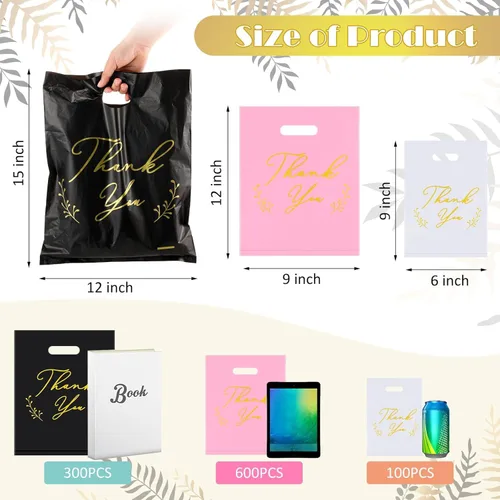 Miniatura 2 de Qilery 1000 bolsas de plástico con asas de agradecimiento – Bolsas de regalo de mercancía para pequeñas empresas, bolsas reutilizables al por menor
