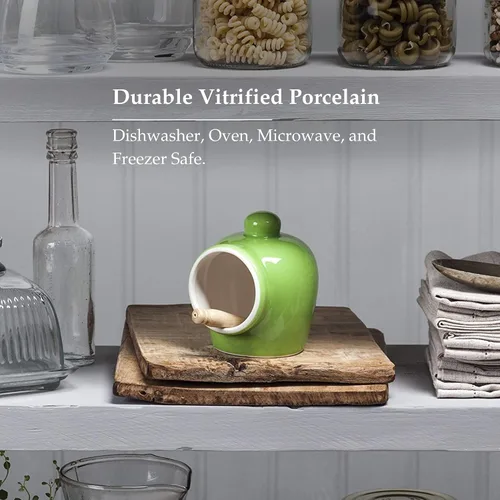 Miniatura 5 de WM Bartleet & Sons 1750 T345G Cerdo pequeño de porcelana tradicional con cuchara de servir de sal de madera, color verde